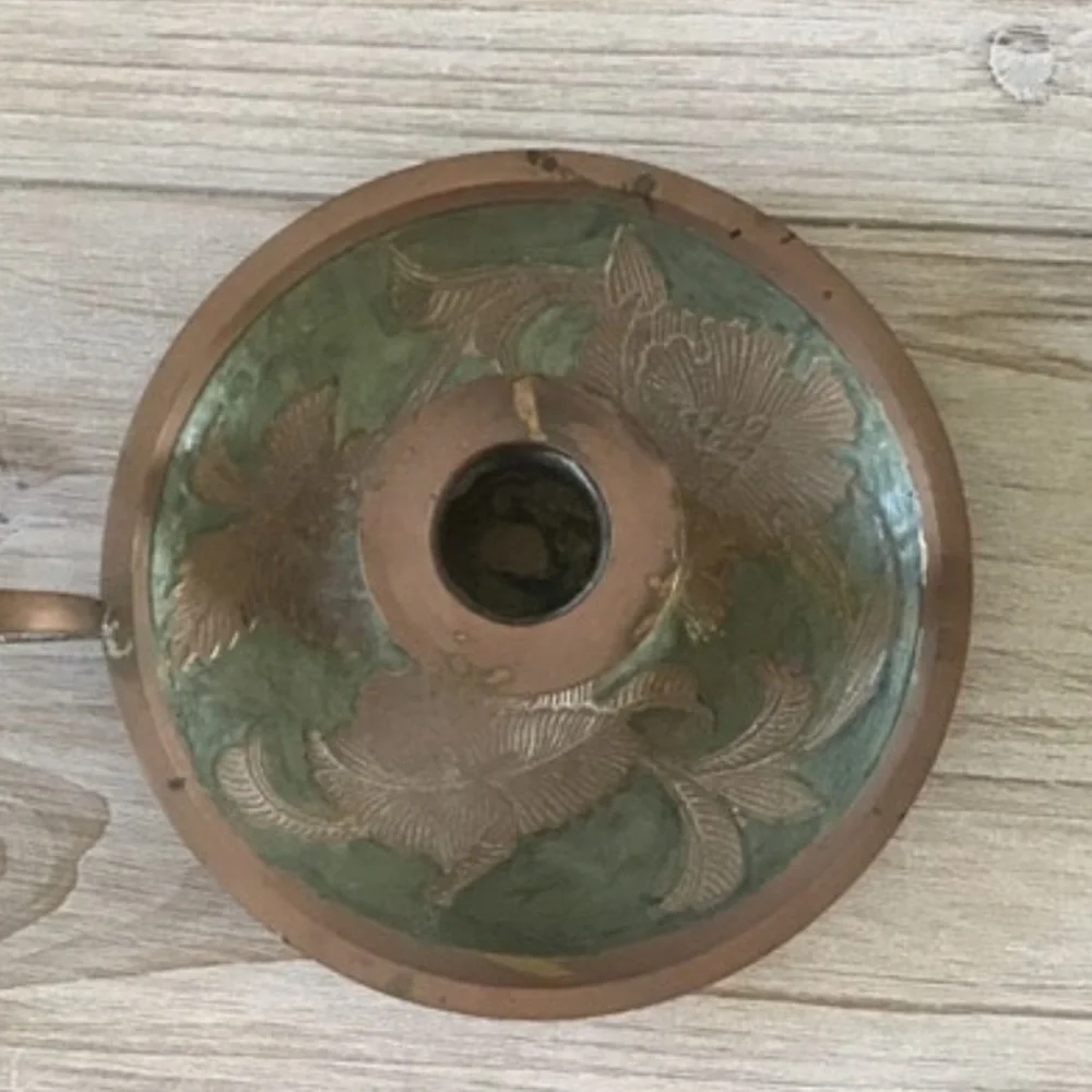 Vintage India Brass Candle Stick Green Bronze Candle Holder Candlestick Handle
